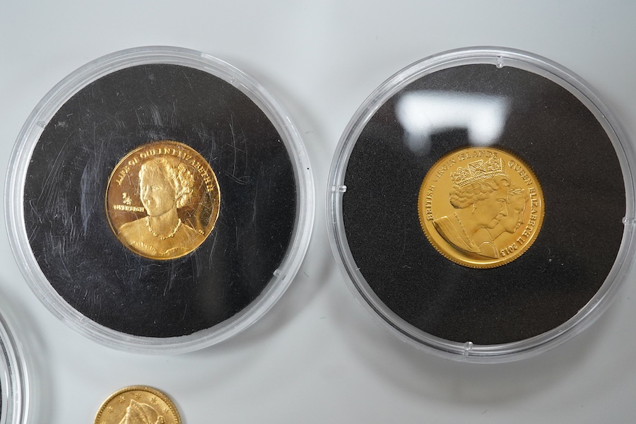 Gold coins, Elizabeth II;, Ascension Island, 1/5 sovereign, 2013, Tristan de Cunha, six gold half crowns (2009 x 4 and 2010 x 2), and a quarter sovereign, 2016, British virgin islands gold $3, 2013, Isle of Man gold 1/5